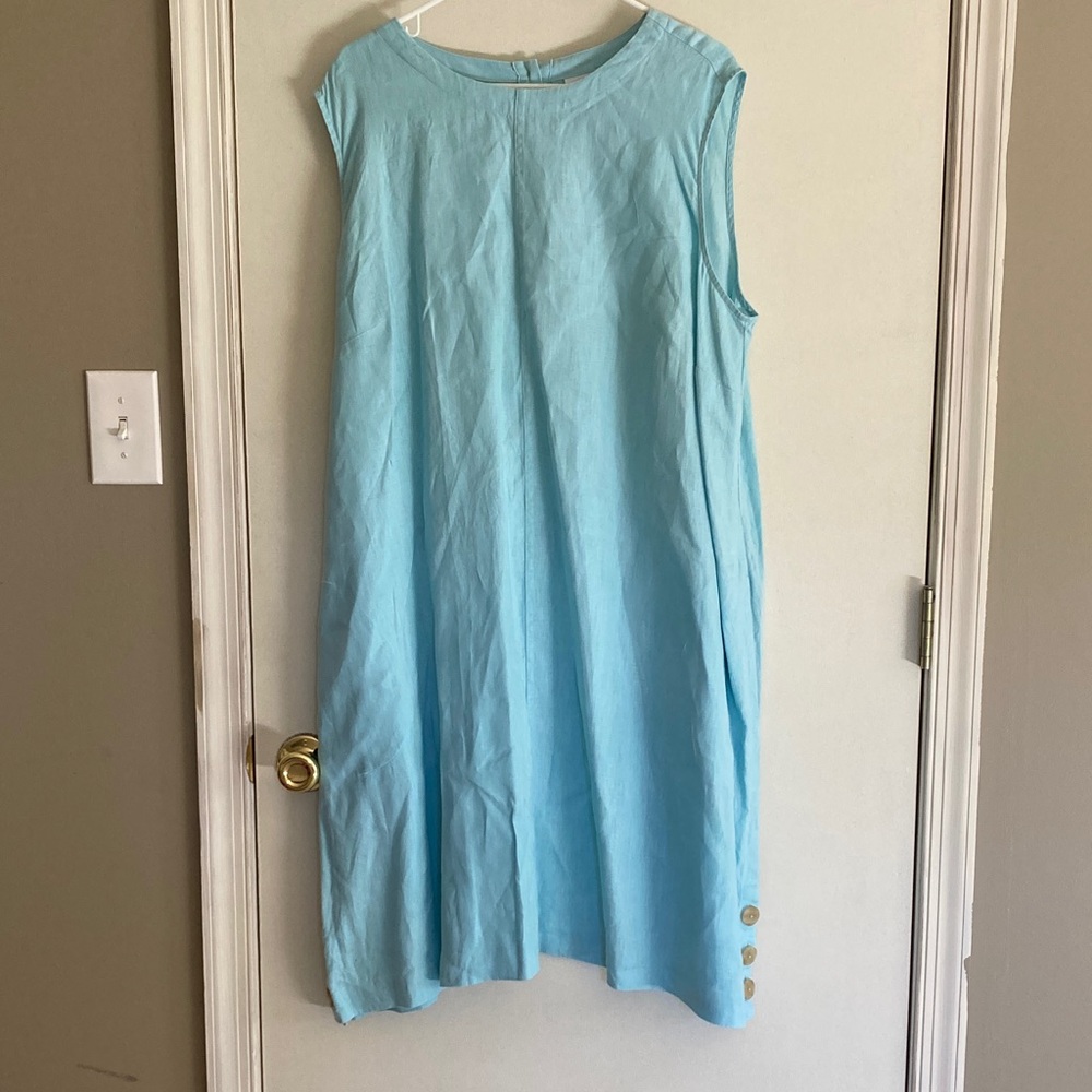 J. Jill 100% Linen Dress Size 2X Powder Blue Sleeveless Pullover 2 Pocket